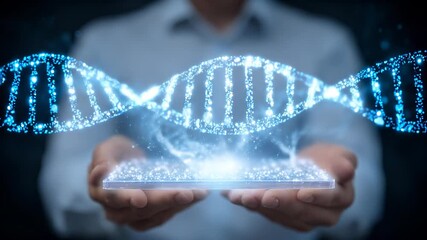 Futuristic DNA Helix Visualization Hovering Over Hands With Holographic Light On Tablet - Powered by Adobe