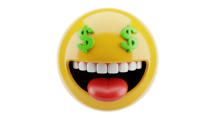 Isolated Emoji face with dollar sign eyes, funny financial success emotion, yellow color