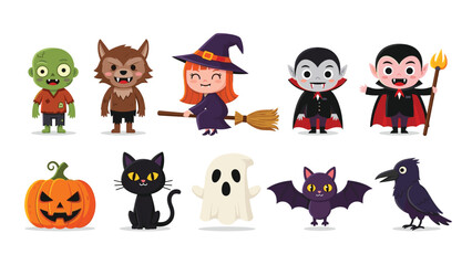 Spooky Halloween Cartoon Set Featuring Pumpkins, Jack-o'-Lanterns, Costumes, and Creepy Creatures for Trick or Treat Fun