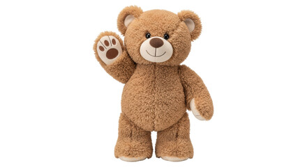 Isolated brown stuffed teddy bear waving its paw in the air, a happy and friendly plush toy