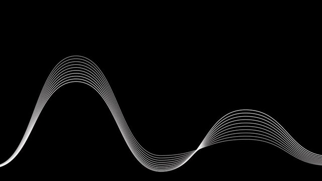 Abstract graphic featuring a flowing, wave-like pattern composed of thin, parallel lines against a dark background.