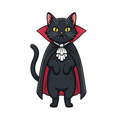 A cute cartoon black cat dressed as a vampire in a red and black cape with a white jabot for Halloween.