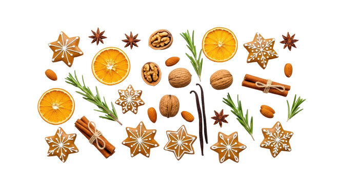 Isolated Christmas spice holiday food arrangement with gingerbread stars, nuts and orange