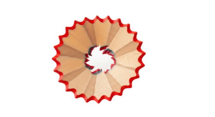 Isolated macro view of a pencil shaving forming a flower-like pattern, woodworking product