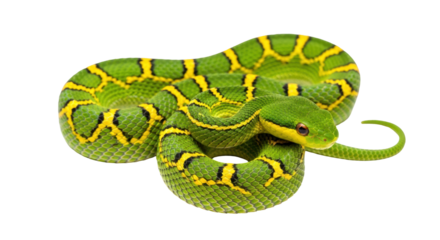 Isolated green snake coiled up, yellow markings, beautiful, colorful, and patterned scales