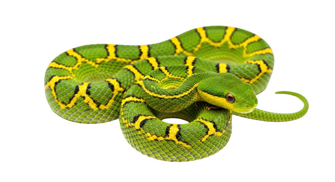 Isolated green snake coiled up, yellow markings, beautiful, colorful, and patterned scales
