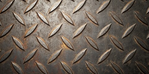 Closeup of a rusty diamond plate metal surface, showcasing a textured industrial background with a sense of age, wear, and ruggedness, perfect for adding a vintage touch