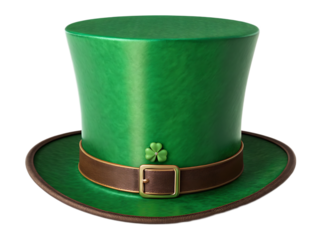A green st patrick's day top hat with a brown band and a clover on a black isolated background
