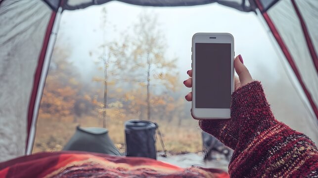 Woman's Hand Holding Phone Inside Autumn Tent Camping