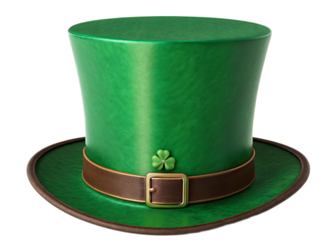 A green st patrick's day top hat with a brown band and a clover on a black isolated background