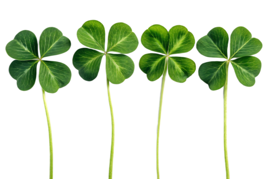 Four bright green shamrocks with stems arranged in a row against a black background for st patrick's day