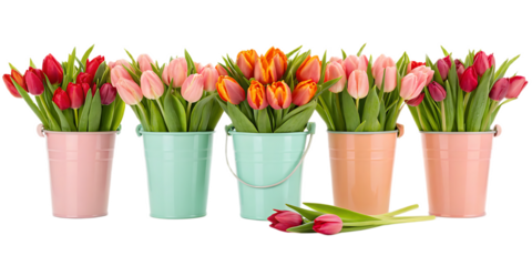 Assortment of colorful tulips in pastel buckets arranged against a black background in a studio setting