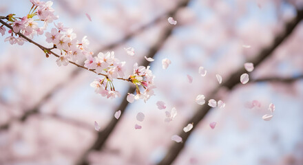 Obraz premium Cherry Blossom Branch with Falling Petals