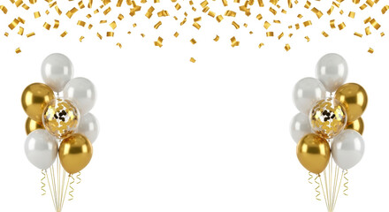Isolated group of gold and white balloons with confetti falling for birthday or party © Natalia
