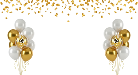 Isolated group of gold and white balloons with confetti falling for birthday or party