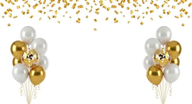 Isolated group of gold and white balloons with confetti falling for birthday or party