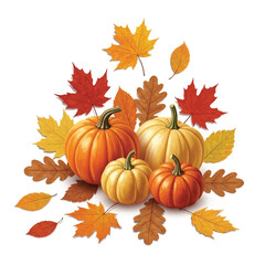 Autumnal pumpkins and colorful leaves in a festive arrangement.