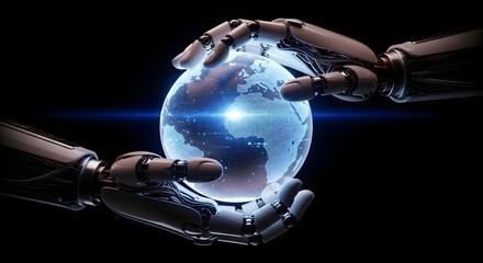 Two robotic hands gently cradle a glowing, translucent Earth globe, symbolizing technology's global impact and future stewardship.