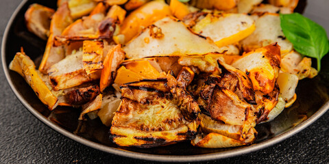 grilled zucchini warm salad vegetables dish natural product tasty snack fresh delicious gourmet food background on the table rustic top view copy space keto and paleo diet vegan and vegan food