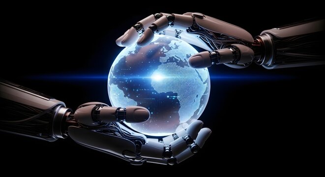 Two robotic hands gently cradle a glowing, translucent Earth globe, symbolizing technology's global impact and future stewardship.