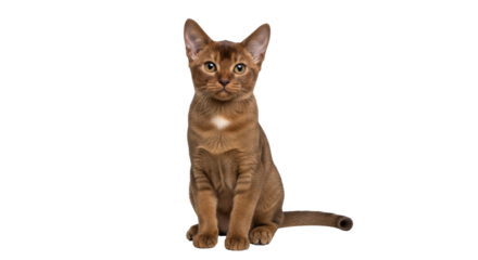 Isolated Abyssinian kitten sitting upright, looking at the viewer with wide amber eyes