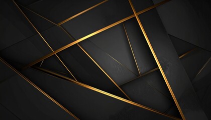 Elegant dark geometric background with sparkling golden lines and abstract polygonal shapes, creating a luxurious and modern design for banners, presentations, or digital art projects