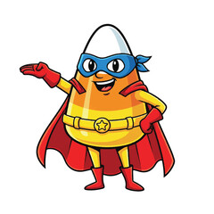 Cartoon candy corn superhero with cape, mask, and belt, pointing to the side. © IP STOCK