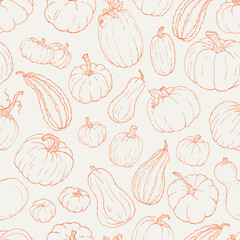 Seamless Pumpkin Pattern Line Art – Hand Drawn Autumn Vegetables, Fall Harvest, Halloween and Thanksgiving Outline Design – Seasonal Fabric, Wrapping, Packaging