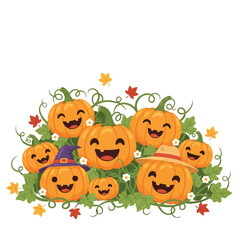 A cheerful group of cartoon pumpkins with happy faces, some wearing hats, surrounded by autumn leaves and vines.