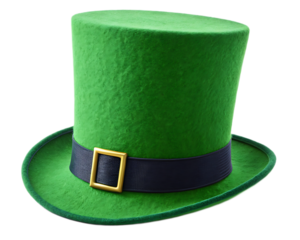 A vibrant green st patrick's day top hat with black band and gold buckle on a transparent background