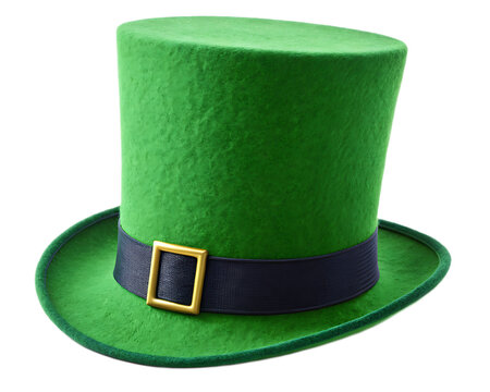 A vibrant green st patrick's day top hat with black band and gold buckle on a transparent background