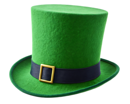A vibrant green st patrick's day top hat with black band and gold buckle on a transparent background