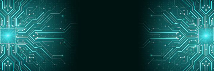 Circuit green board texture on black technology web banner background. AI chip innovation concept. Tech pattern on a futuristic backdrop. Digital illustration