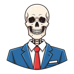 Cartoon illustration of a human skeleton wearing a formal blue business suit and red tie, isolated on a white background.