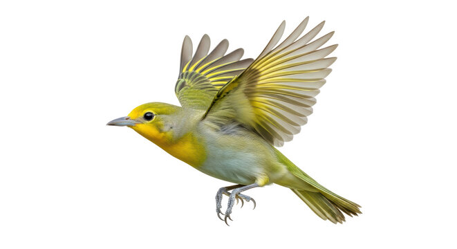 Isolated Prothonotary Warbler in flight, wings spread, bird with yellow feathers, side view