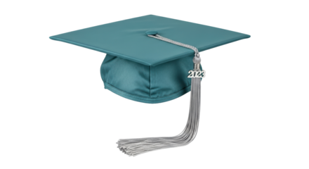 Isolated turquoise mortarboard with silver tassel and 2023 year charm for graduation day