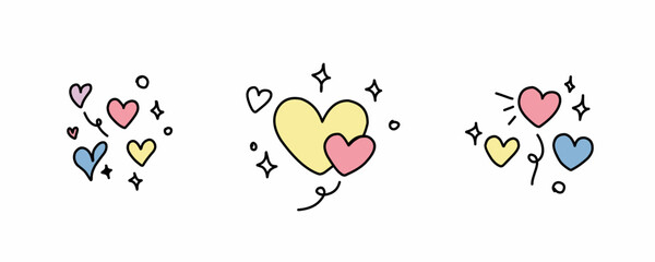 Valentine day icon set. Collection of cute hand drawn stickers with hearts