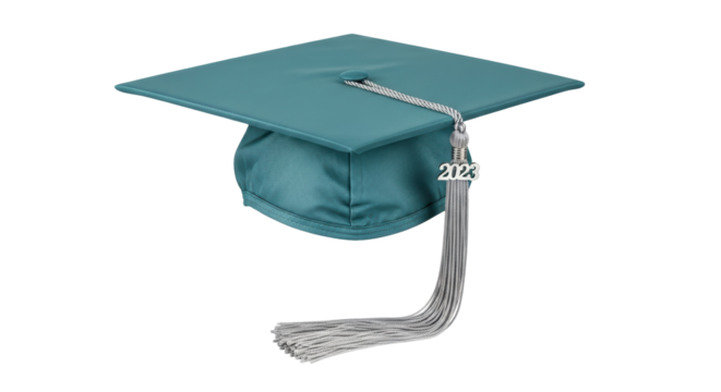 Isolated turquoise mortarboard with silver tassel and 2023 year charm for graduation day - Powered by Adobe