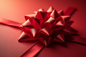 Close-up of a beautiful red gift bow on a red gift box.