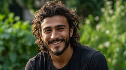 young, handsome middle eastern man in his early to mid-20s with wavy hair and an athletic build stands smiling. wearing a t-shirt and has a relaxed posture. background lush greenery. Attractive young