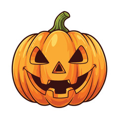 A vibrant cartoon illustration of a classic Halloween jack-o'-lantern with a mischievous, spooky carved face and a green stem.
