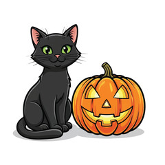 Cute black cat sitting beside a carved Halloween pumpkin.