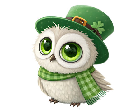 Cartoon owl with big green eyes wearing a green hat and scarf for st patrick's day celebration