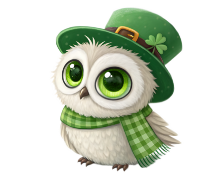 Cartoon owl with big green eyes wearing a green hat and scarf for st patrick's day celebration
