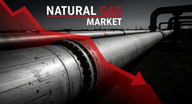 Worried about falling energy prices? Natural gas market decline illustrated by a striking red arrow pointing downwards over industrial pipelines