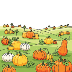 A vibrant autumnal landscape, showcasing a pumpkin patch with various pumpkins of different colors and sizes, nestled in a grassy field, with hay bales and plants.