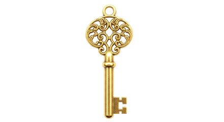 Isolated antique gold key, ornamental key, vintage key with intricate design, golden key