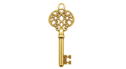 Isolated antique gold key, ornamental key, vintage key with intricate design, golden key