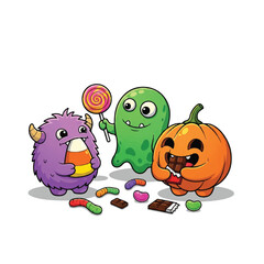 Three cute Halloween monsters enjoying candy.