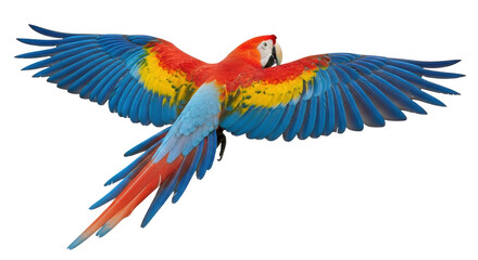 Isolated Macaw with wings spread wide colorful tropical bird parrot in motion animal
